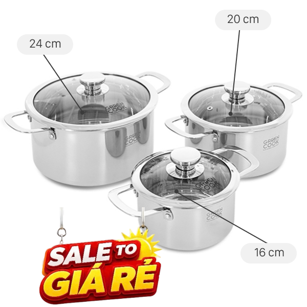 Bộ 3 nồi inox 3 lớp nguyên khối Green Cook GCS256-T1