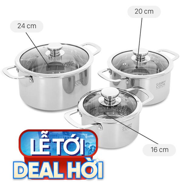 Bộ 3 nồi inox 3 lớp nguyên khối Green Cook GCS256-T1