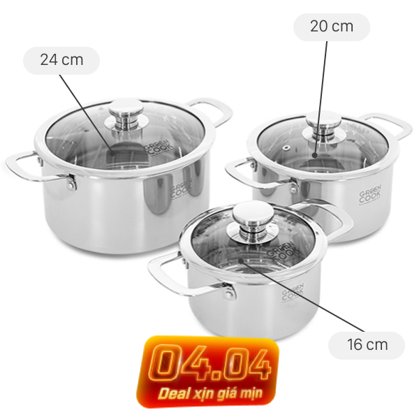 Bộ 3 nồi inox 3 lớp nguyên khối Green Cook GCS256-T1