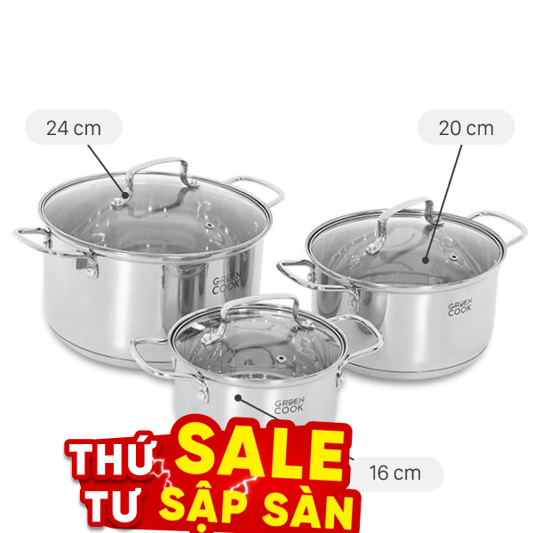 Bộ 3 nồi inox 3 đáy Green Cook GCS2519-T1