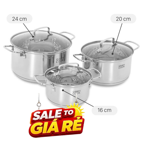Bộ 3 nồi inox 3 đáy Green Cook GCS2519-T1