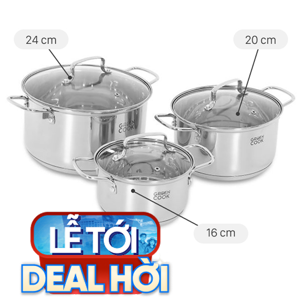 Bộ 3 nồi inox 3 đáy Green Cook GCS2519-T1