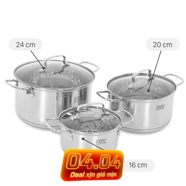 Bộ 3 nồi inox 3 đáy Green Cook GCS2519-T1