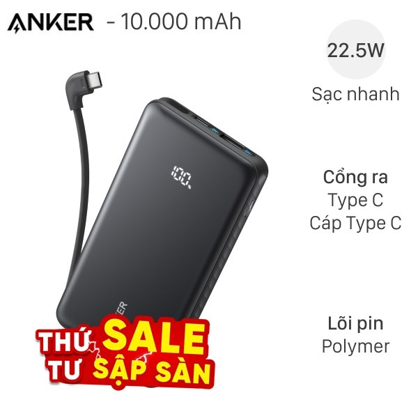 Pin sạc dự phòng 10000mAh Type C PD QC 3.0 22.5W Anker Zolo A110D kèm Cáp Type C