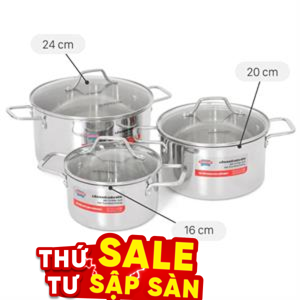 Bộ 3 nồi Inox 3 lớp nguyên khối Sunhouse Healthy SHG709