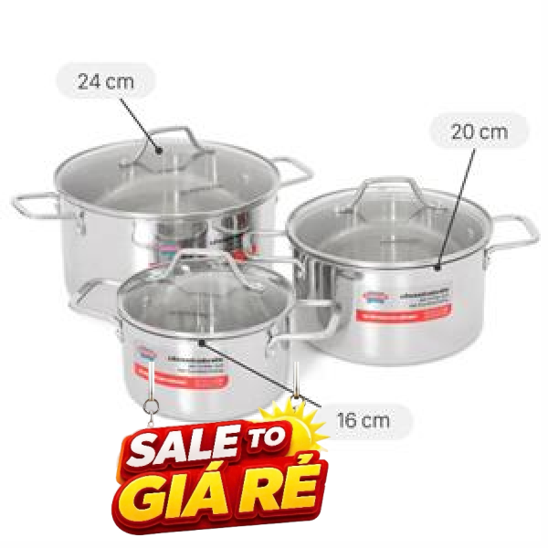 Bộ 3 nồi Inox 3 lớp nguyên khối Sunhouse Healthy SHG709