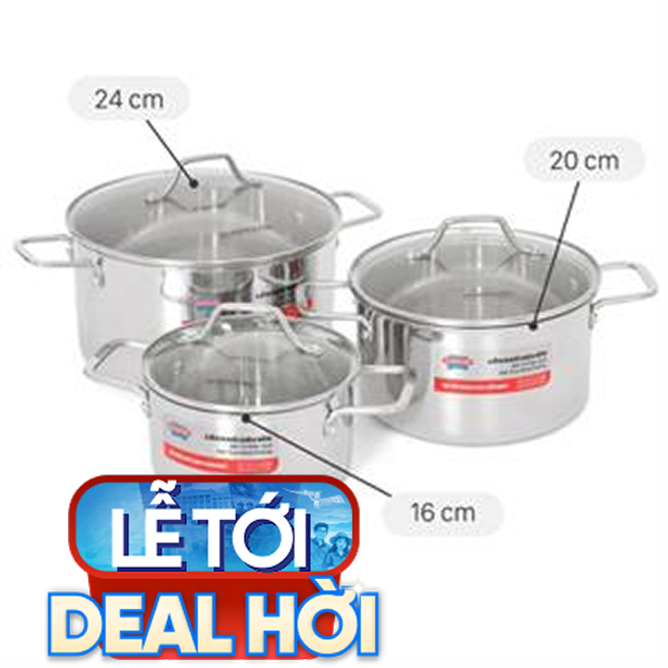 Bộ 3 nồi Inox 3 lớp nguyên khối Sunhouse Healthy SHG709