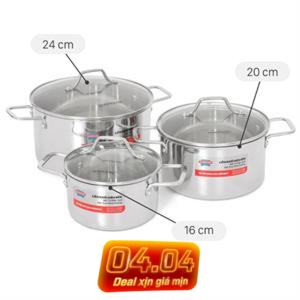 Bộ 3 nồi Inox 3 lớp nguyên khối Sunhouse Healthy SHG709