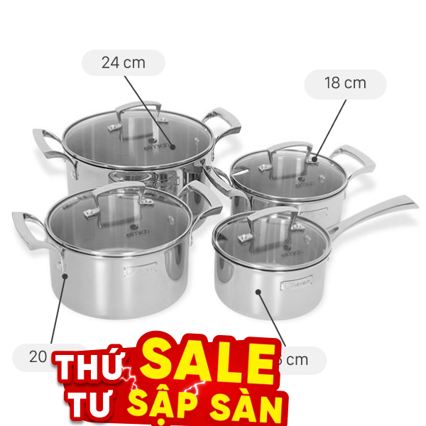 Bộ 4 nồi quánh inox 3 lớp nguyên khối Elmich Premium EL3100