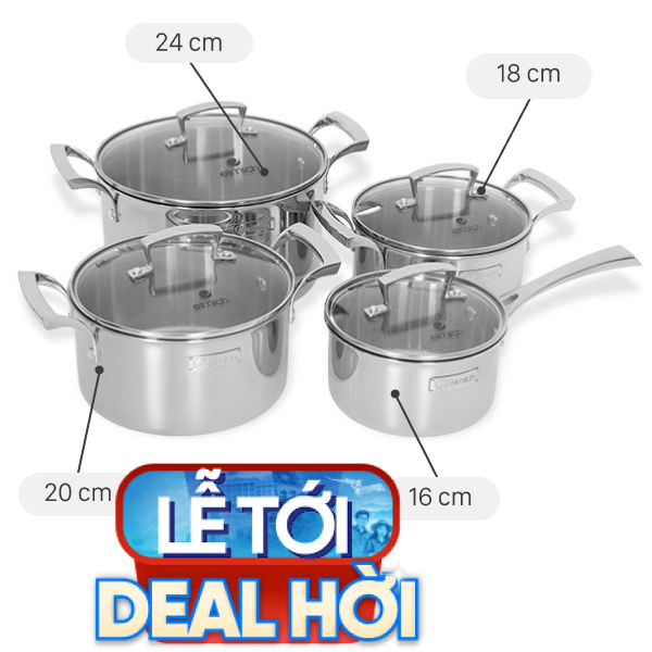 Bộ 4 nồi quánh inox 3 lớp nguyên khối Elmich Premium EL3100