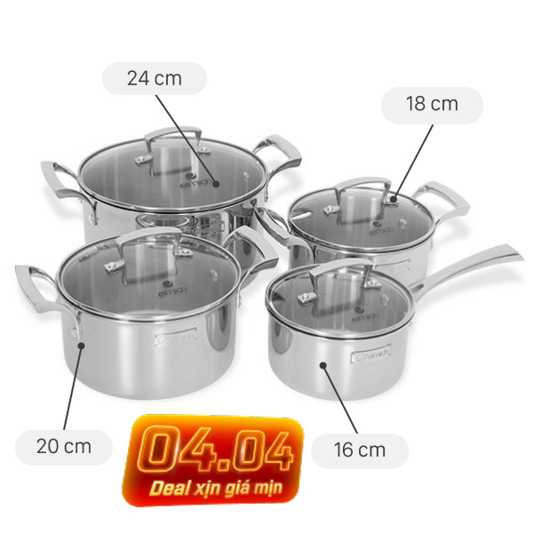 Bộ 4 nồi quánh inox 3 lớp nguyên khối Elmich Premium EL3100