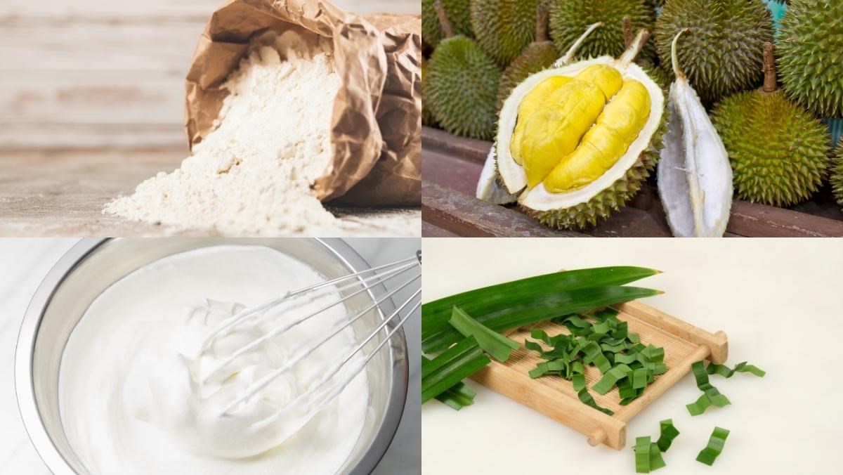 Nguyên liệu món ăn tự làm bánh phú sĩ sầu riêng lá dứa kem tươi thơm béo chuẩn vị cực dễ