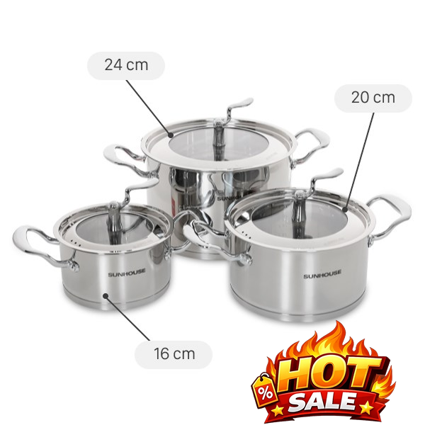 Bộ 3 nồi inox 5 đáy Sunhouse SHG2503MSA