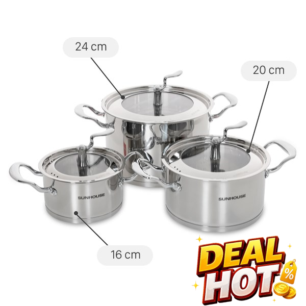 Bộ 3 nồi inox 5 đáy Sunhouse SHG2503MSA