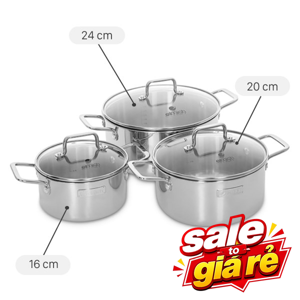 Bộ 3 nồi inox 3 lớp nguyên khối Elmich Trimax XR EL-3843