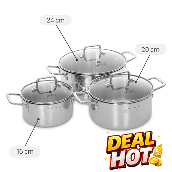 Bộ 3 nồi inox 3 lớp nguyên khối Elmich Trimax XR EL-3843