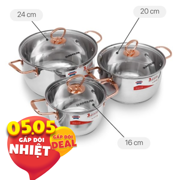Bộ 3 nồi inox 3 đáy Sunhouse SHG306