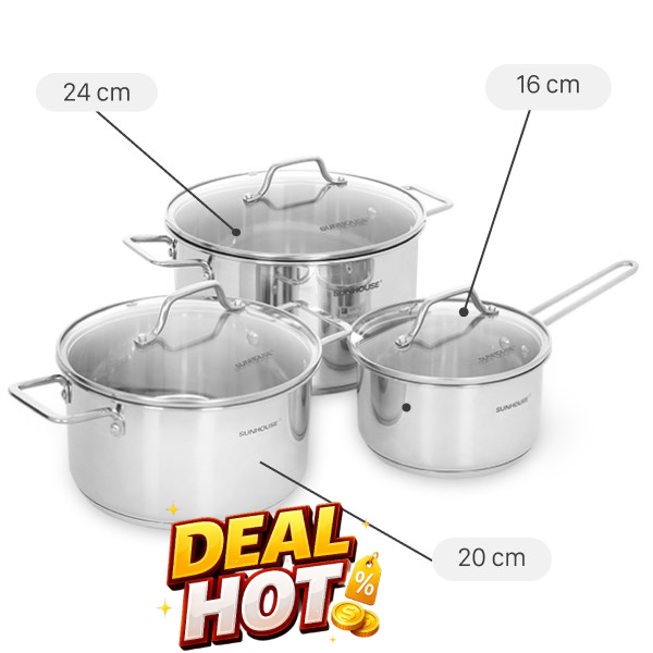 Bộ nồi quánh inox 5 đáy nắp kính Sunhouse SHG601