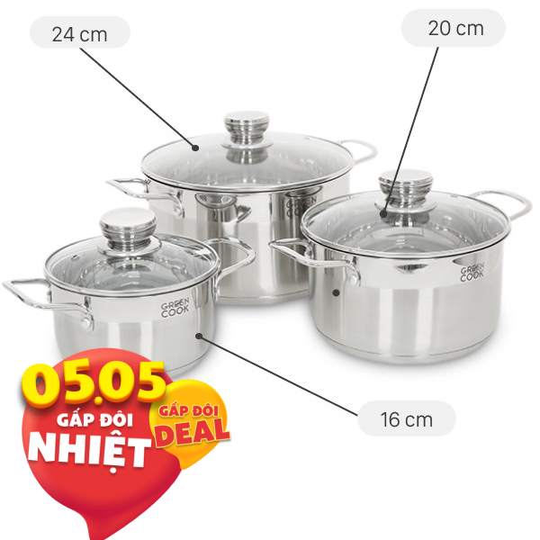 Bộ 3 nồi inox 5 đáy Green Cook GCS232-T1