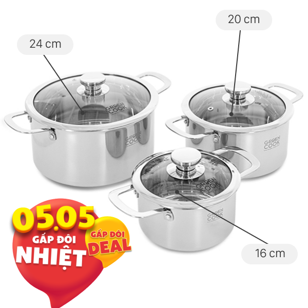 Bộ 3 nồi inox 3 lớp nguyên khối Green Cook GCS256-T1