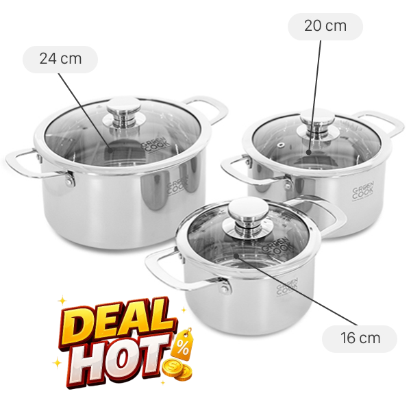 Bộ 3 nồi inox 3 lớp nguyên khối Green Cook GCS256-T1