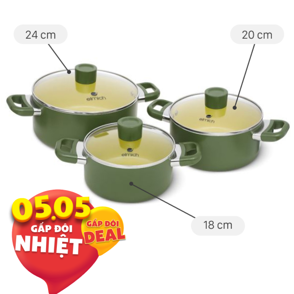 Bộ 3 nồi nhôm chống dính Elmich Olive EL5245OV01