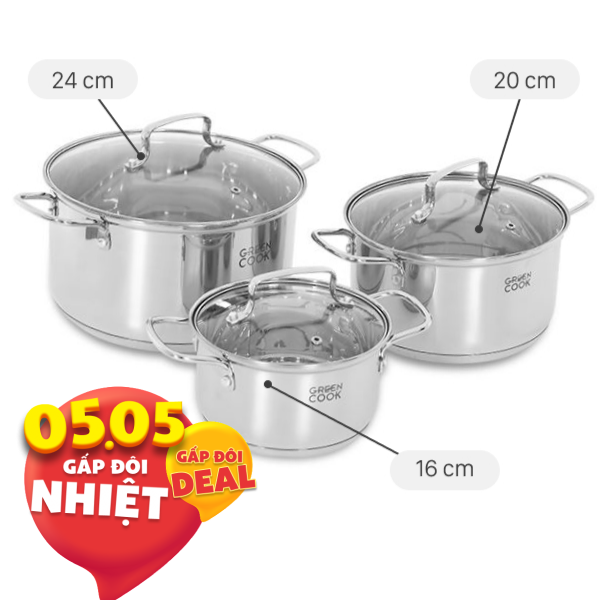Bộ 3 nồi inox 3 đáy Green Cook GCS2519-T1