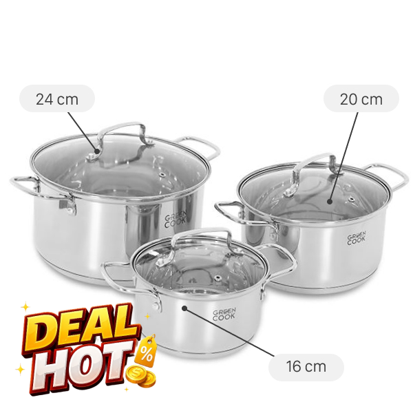 Bộ 3 nồi inox 3 đáy Green Cook GCS2519-T1