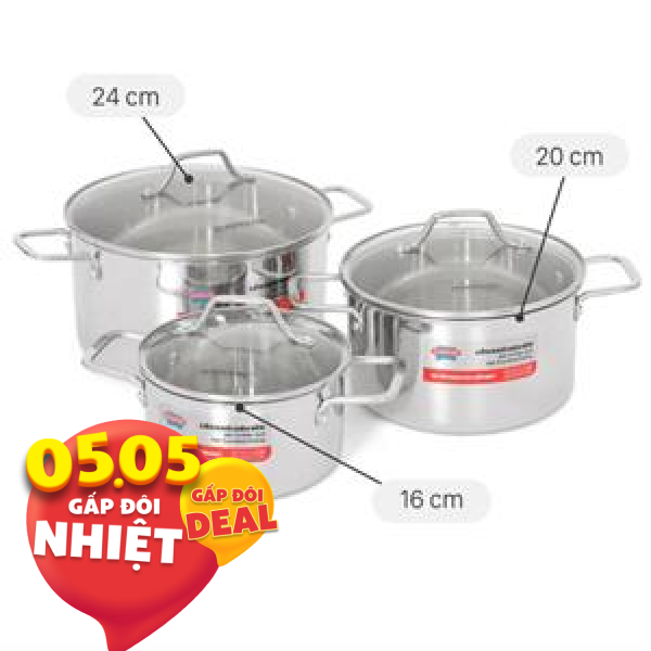 Bộ 3 nồi Inox 3 lớp nguyên khối Sunhouse Healthy SHG709