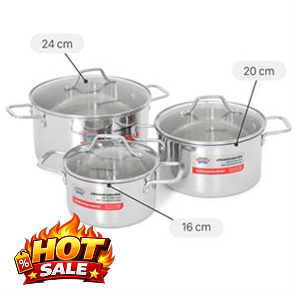 Bộ 3 nồi Inox 3 lớp nguyên khối Sunhouse Healthy SHG709