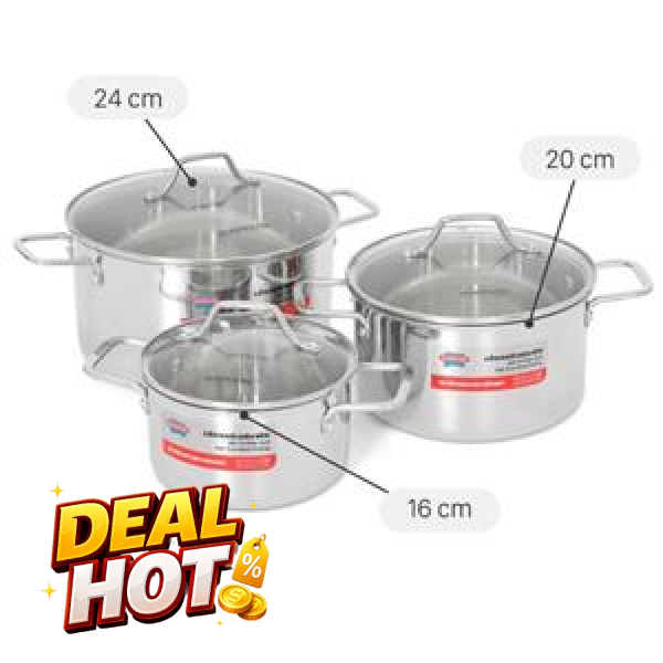 Bộ 3 nồi Inox 3 lớp nguyên khối Sunhouse Healthy SHG709