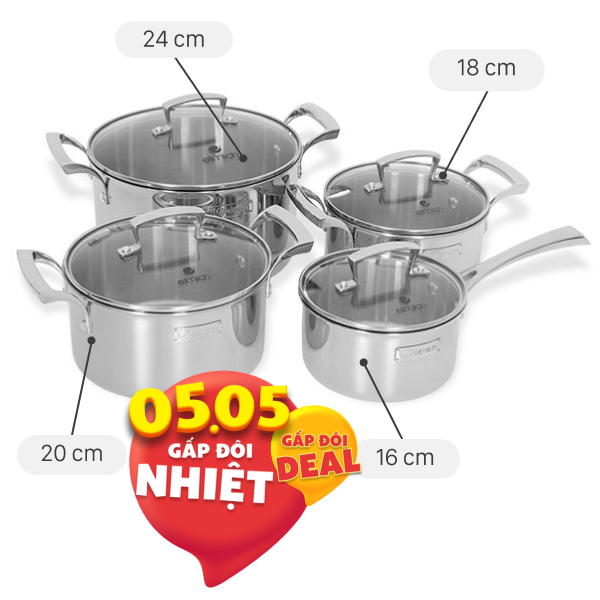 Bộ 4 nồi quánh inox 3 lớp nguyên khối Elmich Premium EL3100