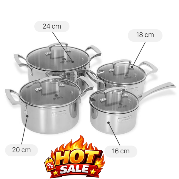 Bộ 4 nồi quánh inox 3 lớp nguyên khối Elmich Premium EL3100