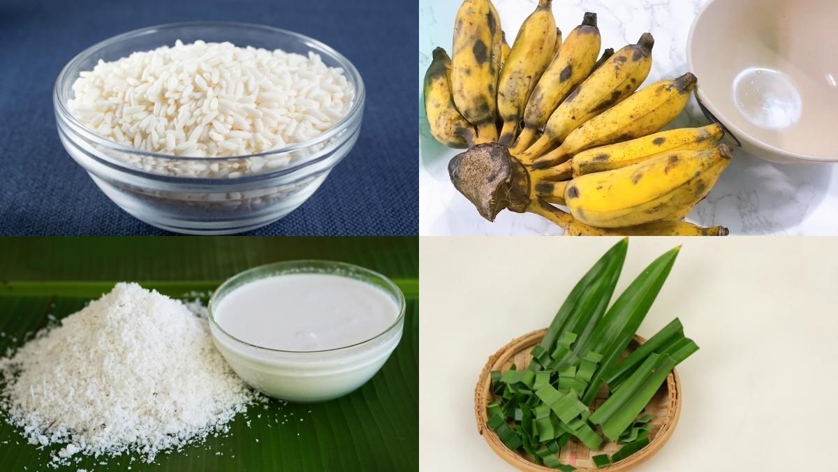 Nguyên liệu món ăn cách làm chuối nếp nướng lá dứa thơm béo, dẻo ngọt cực hấp dẫn tại nhà