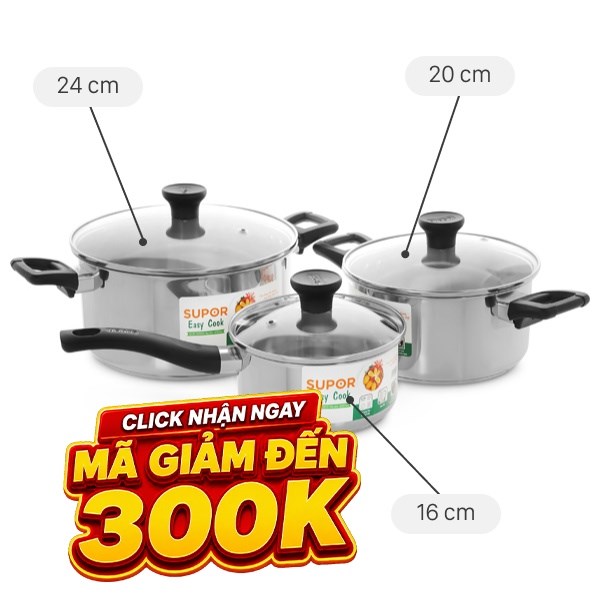 Bộ nồi quánh inox 3 đáy Easycook Supor H20211-T1