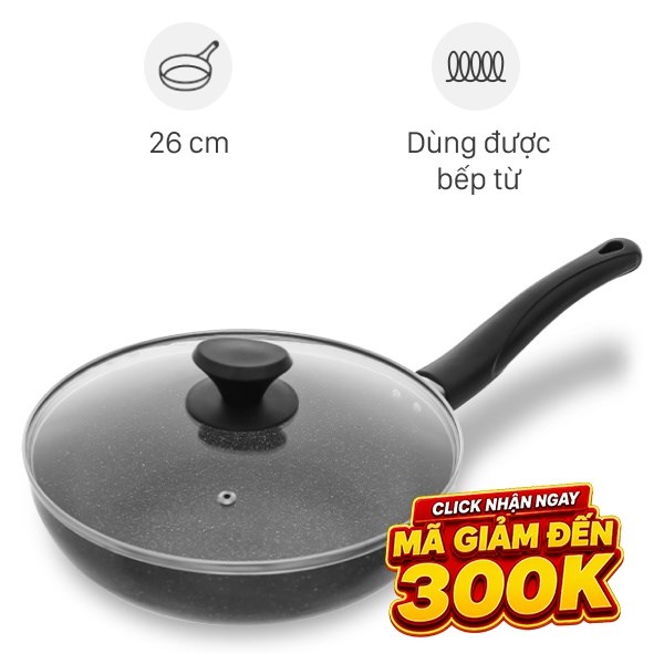 Chảo nhôm sâu chống dính vân đá đáy từ nắp kính Delites CE005-26