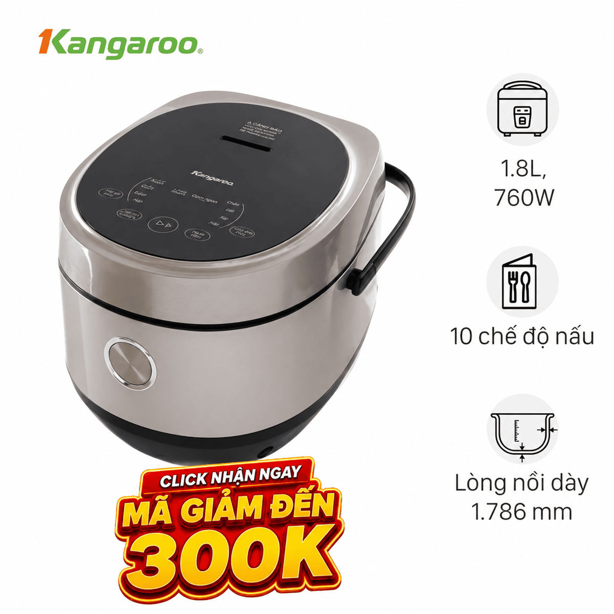 Nồi cơm điện tử Kangaroo 1.8 lít KG18DR12