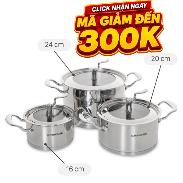 Bộ 3 nồi inox 5 đáy Sunhouse SHG2503MSA
