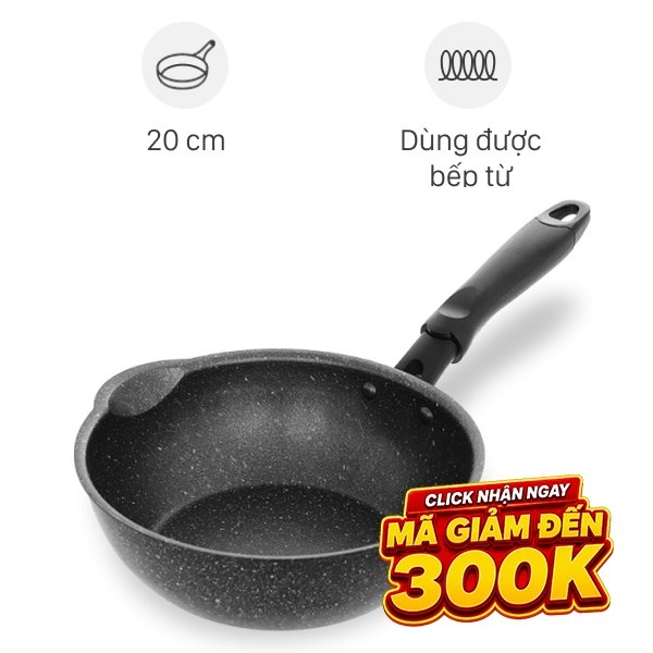 Chảo nhôm sâu chống dính vân đá đáy từ 20 cm Sunhouse SHS20MRD