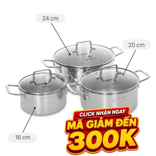 Bộ 3 nồi inox 3 lớp nguyên khối Elmich Trimax XR EL-3843