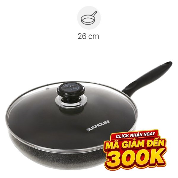 Chảo nhôm sâu chống dính nắp kính 26 cm Sunhouse SHS26K