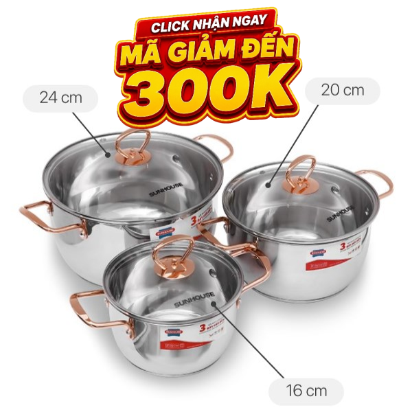 Bộ 3 nồi inox 3 đáy Sunhouse SHG306