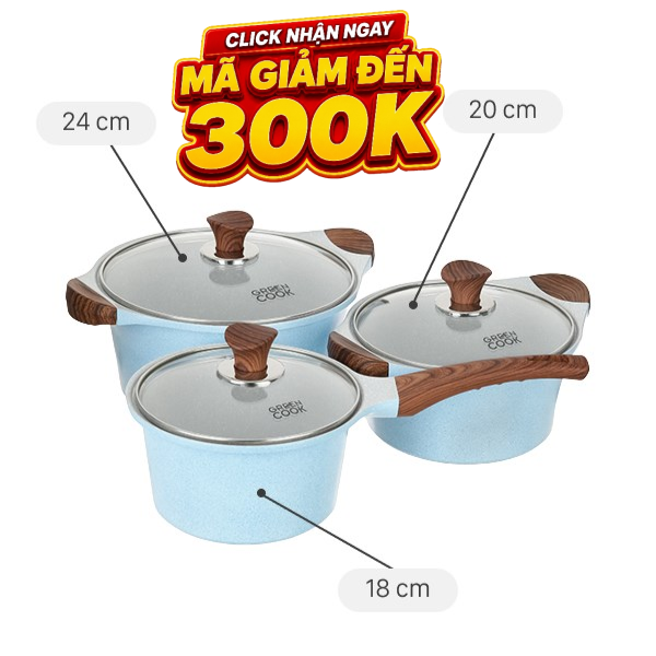 Bộ 3 cái nồi quánh Ceramic Green Cook GCS22-T1