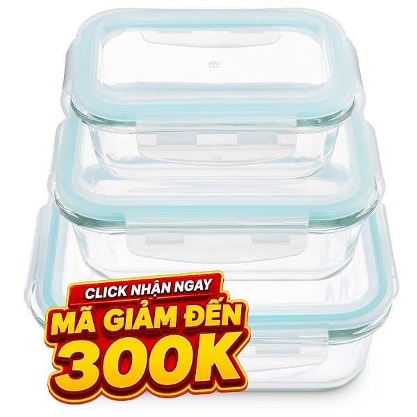 Bộ 3 hộp đựng thực phẩm thủy tinh Delites HS301RC