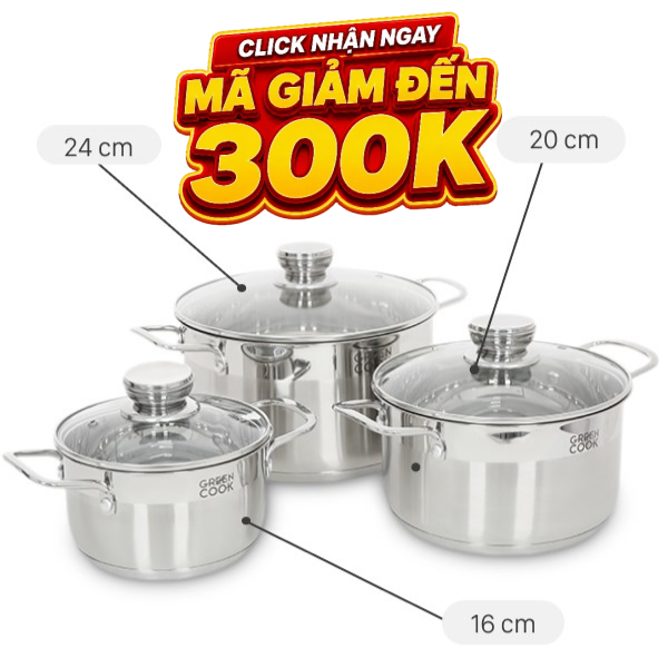 Bộ 3 nồi inox 5 đáy Green Cook GCS232-T1