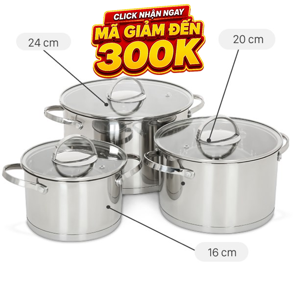 Bộ 3 nồi inox 3 đáy Delites CW-B041-A