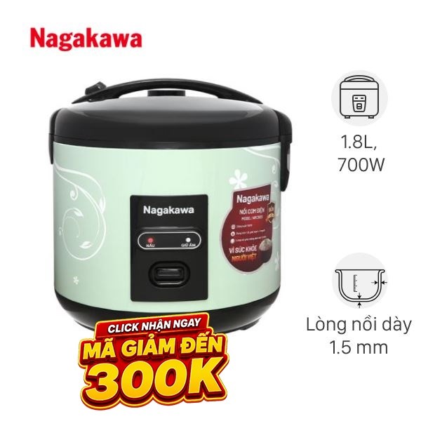 Nồi cơm nắp gài Nagakawa 1.8 lít NRC3823