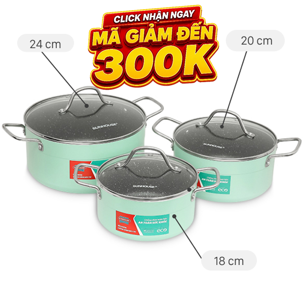 Bộ 3 nồi nhôm 3 đáy Sunhouse Eco SHG1122MX