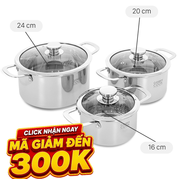 Bộ 3 nồi inox 3 lớp nguyên khối Green Cook GCS256-T1