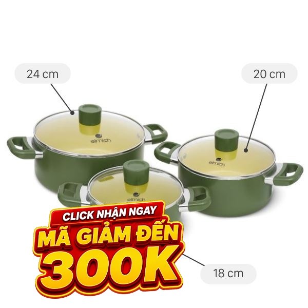 Bộ 3 nồi nhôm chống dính Elmich Olive EL5245OV01